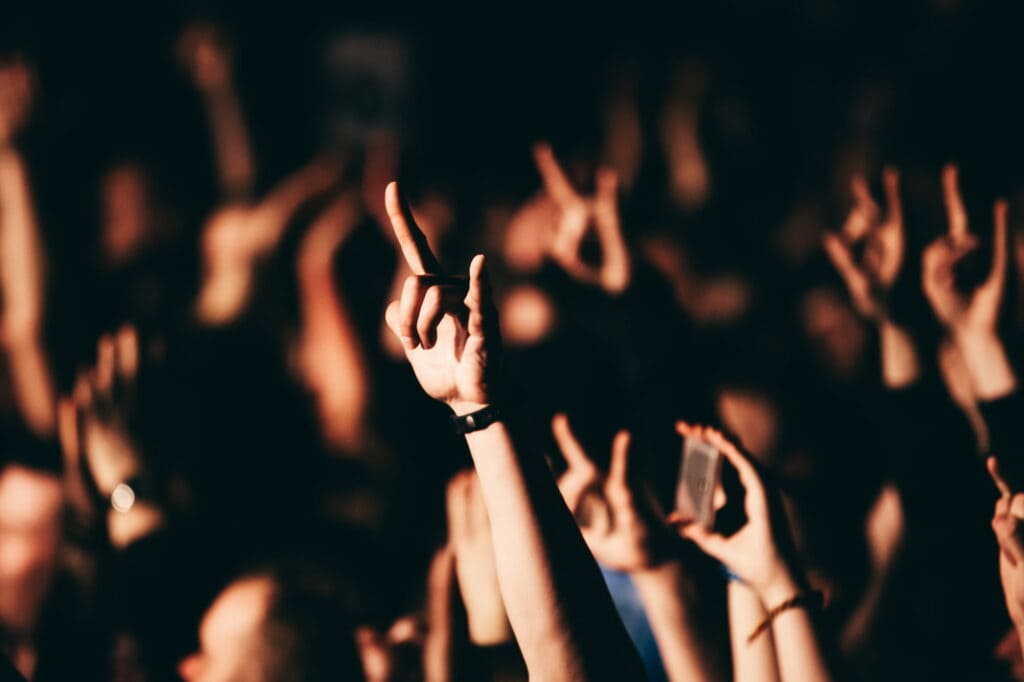People holding up rock sign in a crowd